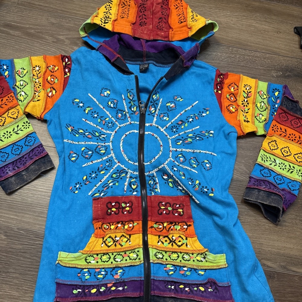 Made in Nepal rainbow zip up Boho sunshine embroidered  Small Whimsical